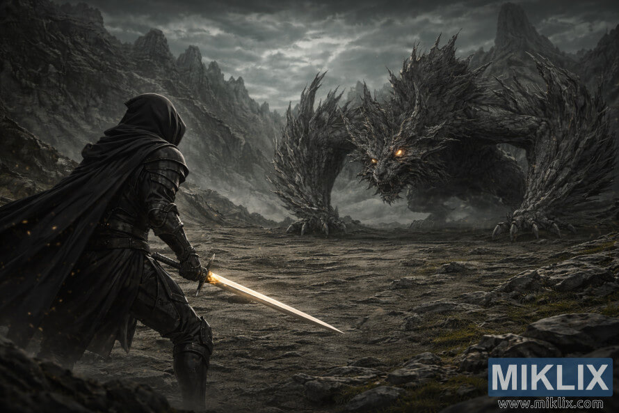 Scena fantasy oscura che mostra il Tarnished di spalle sulla sinistra, mentre brandisce una spada luminosa e affronta un'enorme bestia frastagliata in un paesaggio montuoso desolato e tempestoso. Scena fantasy oscura che mostra il Tarnished di spalle sulla sinistra, mentre brandisce una spada luminosa e affronta un'enorme bestia frastagliata in un paesaggio montuoso desolato e tempestoso.