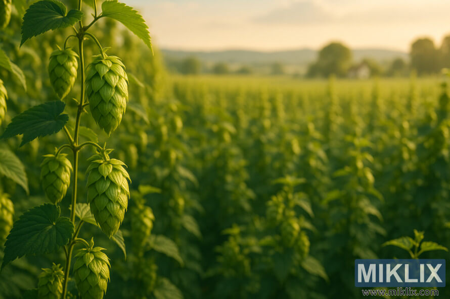 Close-up saka Groene Bel hop cones ing lapangan ijo gembur, mencorong ing anget Golden suryo srengenge karo deso adoh ing latar mburi.