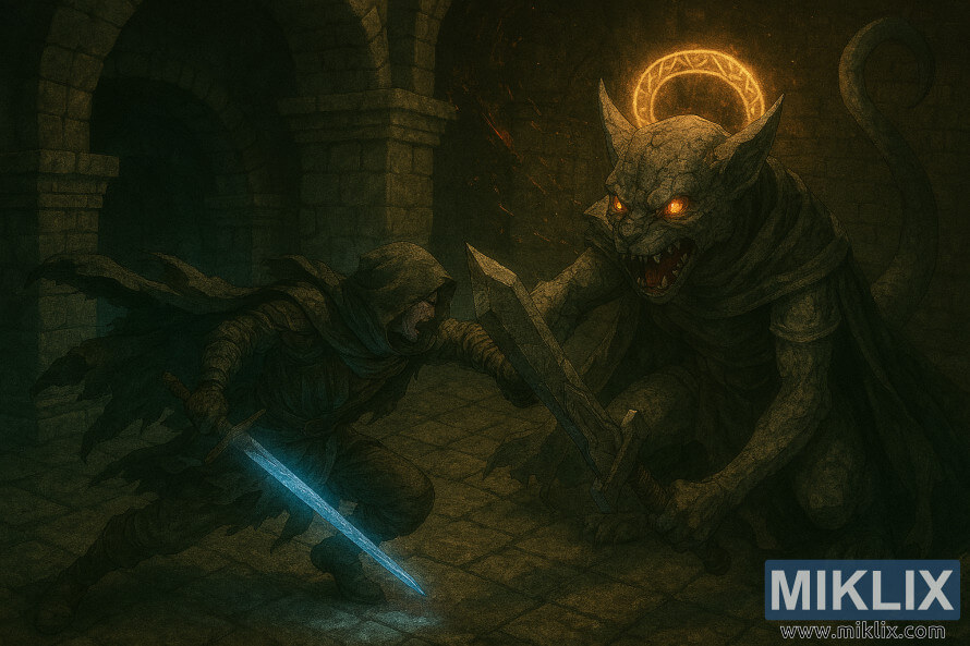 Realistické fanúšikovské umenie, ktoré zobrazuje stret Tarnished uprostred skoku s Erdtree Burial Watchdog v katakombách Wyndham. Realistické fanúšikovské umenie, ktoré zobrazuje stret Tarnished uprostred skoku s Erdtree Burial Watchdog v katakombách Wyndham.