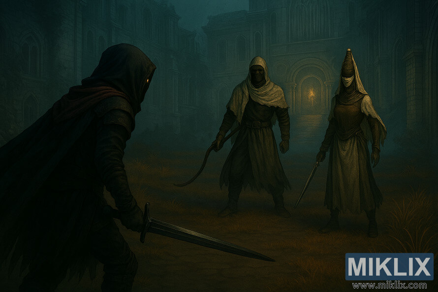 Illustrazione fantasy realistica dell'armatura del coltello nero macchiato che affronta la spadaccina Nox e il monaco Nox nella cittÃ  della stregoneria di Sellia con sfondo espanso