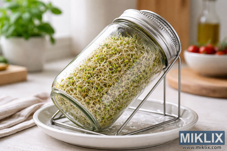 Dans une cuisine lumineuse, un bocal Mason rempli de jeunes pousses de luzerne fraÃ®ches repose en biais sur un support mÃ©tallique, lui-mÃªme posÃ© sur une assiette blanche pour l'Ã©gouttage.