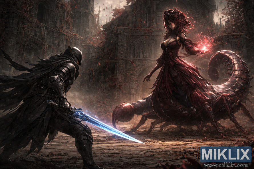 Dark fantasy artwork showing the Tarnished in Black Knife armor wielding a glowing blue sword while confronting the towering Romina, Saint of the Bud, inside a ruined gothic church.