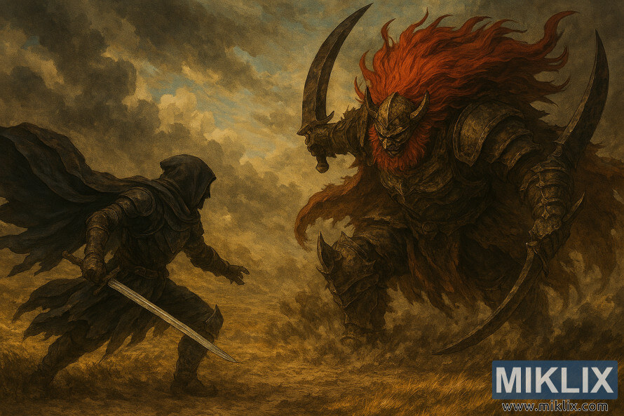 Semi-realistic fan art of the Tarnished fighting Starscourge Radahn in Elden Ring