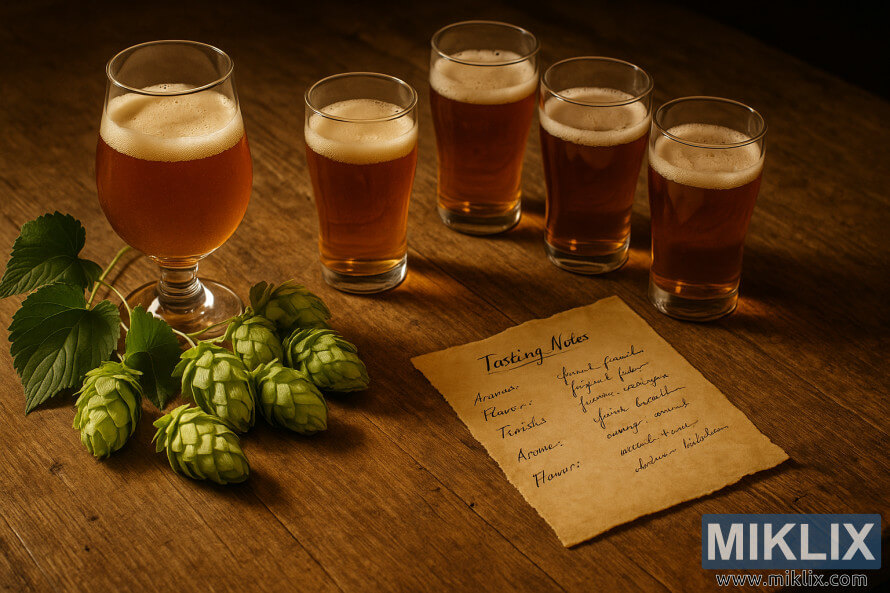 Ferskir Greensburg-humlar viÃ° hliÃ°ina Ã¡ gulbrÃºnum bjÃ³rglÃ¶sum Ã¡ grÃ³fu trÃ©borÃ°i