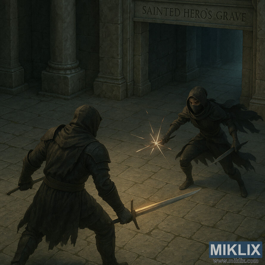 Realistic fantasy scene of the Tarnished and a Black Knife Assassin fighting before the Sainted Heroâs Grave entrance.