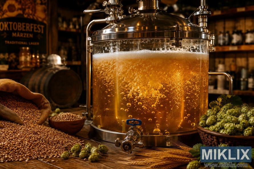 Close-up of a bubbling fermentation vessel filled with golden Märzen lager surrounded by hops and malt grains in a warm rustic brewery setting. Close-up of a bubbling fermentation vessel filled with golden Märzen lager surrounded by hops and malt grains in a warm rustic brewery setting.