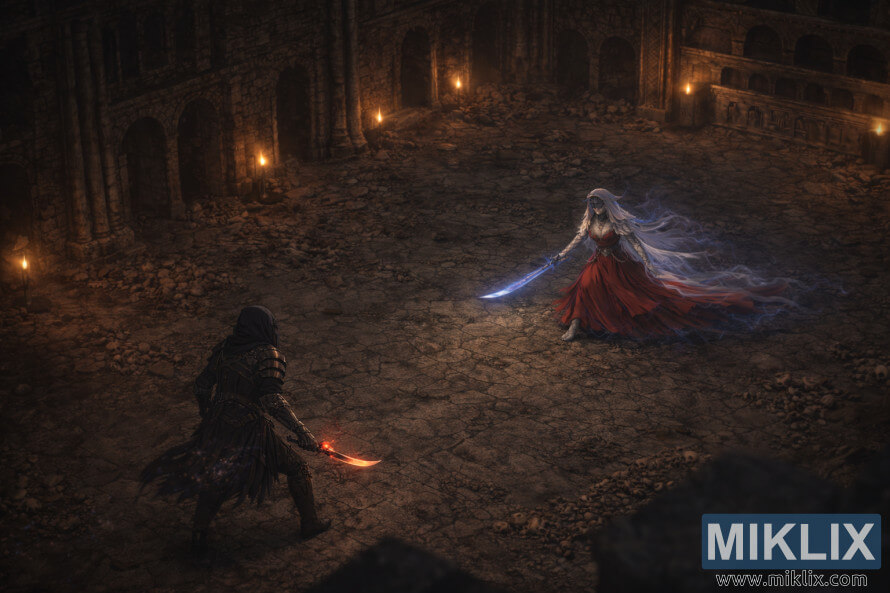 Isometric dark fantasy view of the Tarnished facing the Dancer of Ranah in a bone-strewn mausoleum arena before battle.