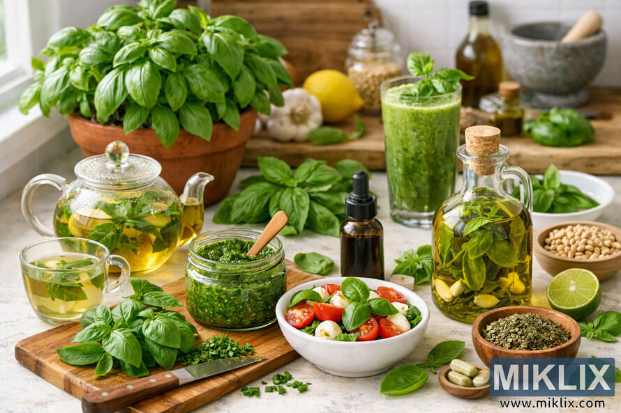 A bright kitchen scene featuring fresh basil used in pesto, tea, salad, and infused oil, highlighting its health benefits.