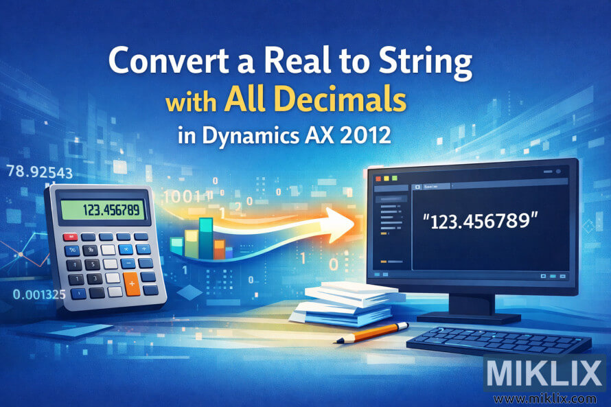 لافتة تعرض آلة حاسبة مع رقم عشري يتحول إلى قيمة نصية بين علامتي اقتباس على شاشة الكمبيوتر، توضح تحويل رقم حقيقي إلى سلسلة نصية تحتوي على جميع الأرقام العشرية في Dynamics AX 2012.