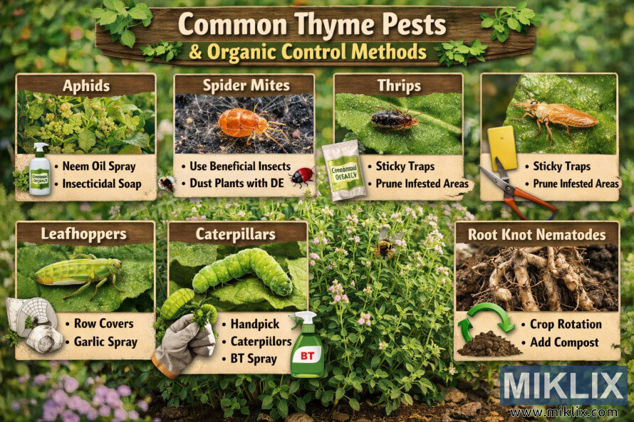 InfogrÃ¡fico mostrando pragas comuns do tomilho, como pulgÃµes, Ã¡caros, tripes, cigarrinhas, lagartas e nematoides das galhas, com mÃ©todos de controle orgÃ¢nico ilustrados em um jardim.