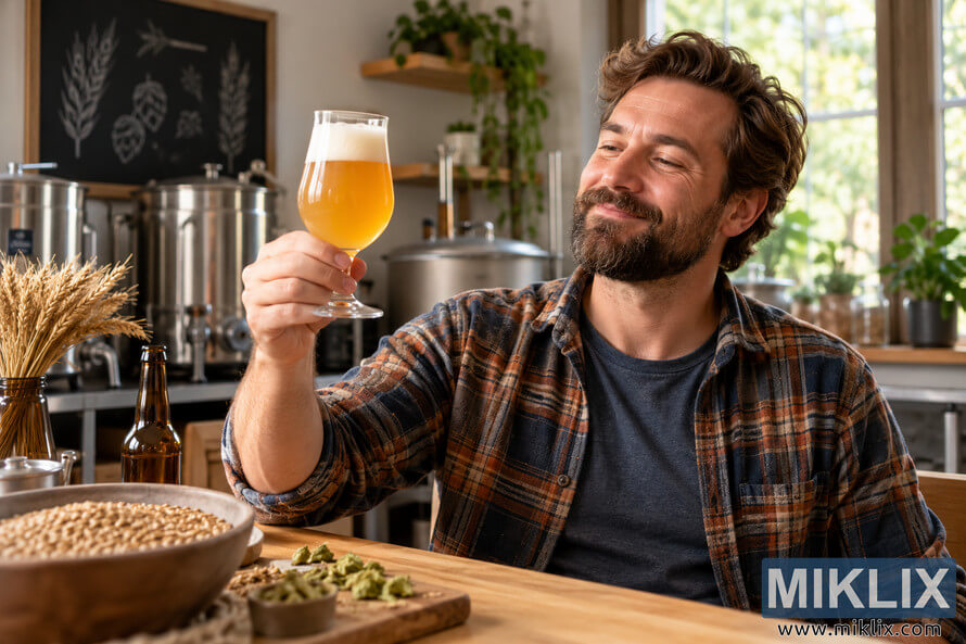 Smiling homebrewer holds up a glass of hazy golden wheat beer beside brewing equipment, grain, hops, and plants in a sunlit home brewery. Smiling homebrewer holds up a glass of hazy golden wheat beer beside brewing equipment, grain, hops, and plants in a sunlit home brewery.