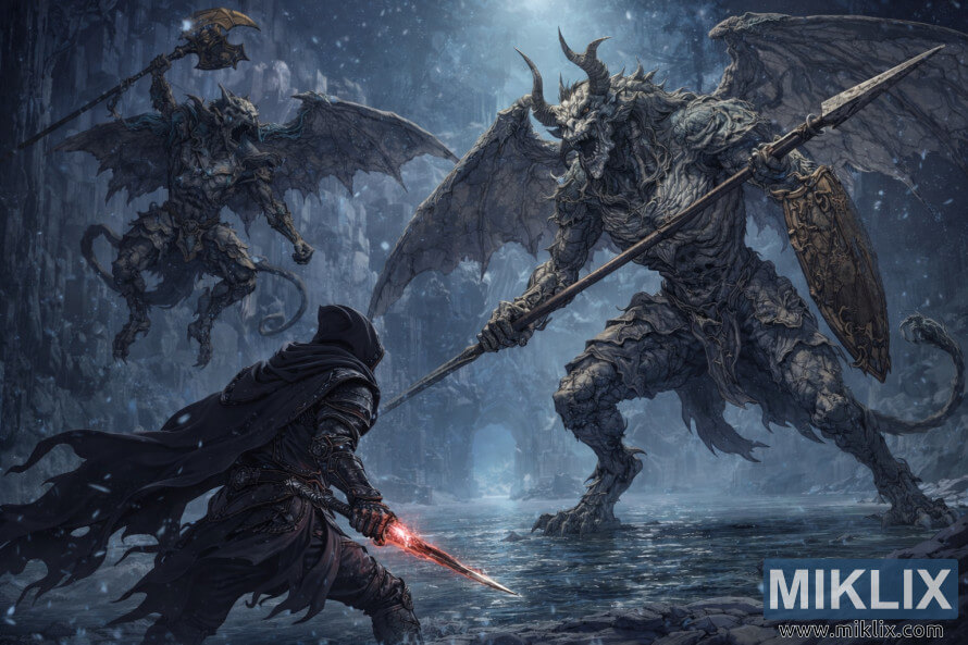 Widok z tyÅu w stylu anime przedstawiajÄcy zbrojÄ Tarnished in Black Knife stojÄcÄ naprzeciw dwÃ³ch gigantycznych, odwaÅ¼nych gargulcÃ³w w ruinach akweduktu Siofra oÅwietlonych na niebiesko.