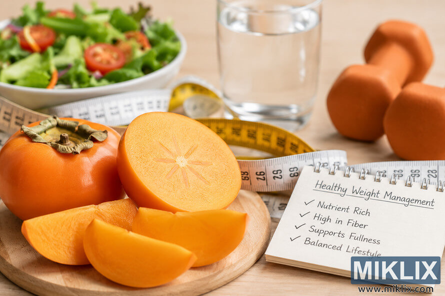 Landscape-oriented healthy lifestyle image featuring fresh persimmons sliced on a wooden board beside a salad bowl, measuring tape, water glass, fitness dumbbells, and a handwritten wellness checklist promoting nutrition and fiber for healthy weight management.