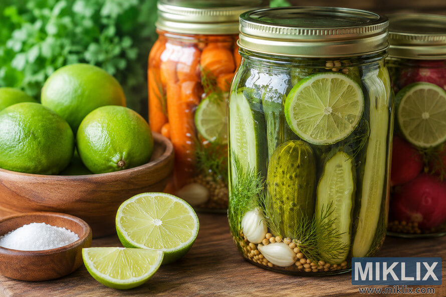Landscape photograph of fresh green limes, sliced citrus, coarse salt, and several glass jars filled with homemade pickled vegetables including cucumbers, carrots, dill, garlic, mustard seeds, and lime slices arranged on a rustic wooden table in warm natural light with no visible brands or labels.
