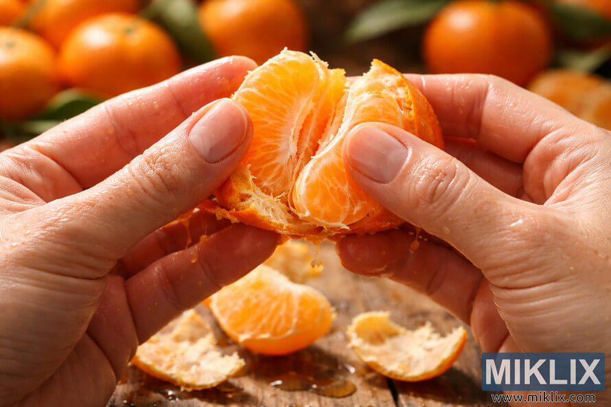 Close-up of hands peeling a fresh tangerine with juice on the fingers and segments exposed over a rustic wooden table.
