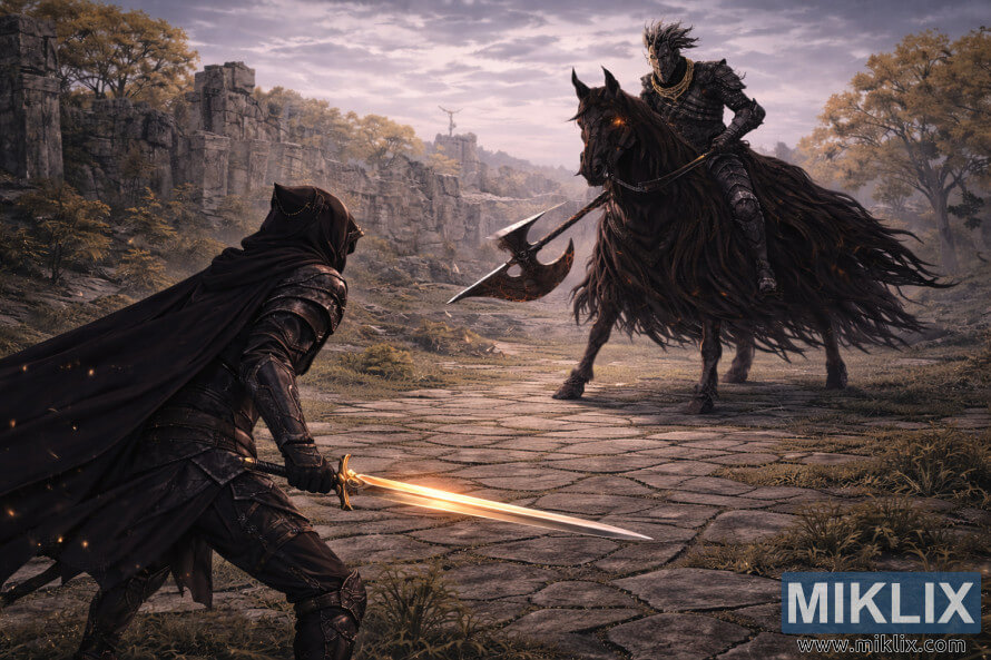 Anime-fantasy-scene av en hettekledd, pansret kriger med et glÃ¸dende gyllent sverd sett bakfra, mÃ¸tende en gigantisk, montert mÃ¸rk ridder pÃ¥ vide, Ã¸delagte sletter fÃ¸r kamp.