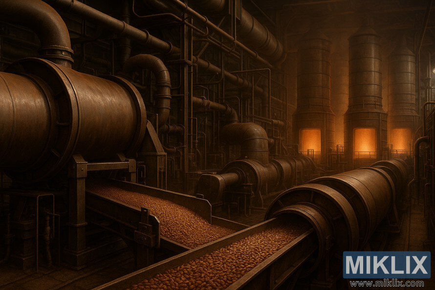 InstalaÈie industrialÄ de malÈ brun cu tambure de oÈel, benzi transportoare Èi cuptoare incandescente în luminÄ caldÄ. InstalaÈie industrialÄ de malÈ brun cu tambure de oÈel, benzi transportoare Èi cuptoare incandescente în luminÄ caldÄ.