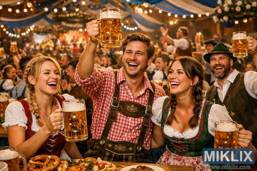 A lively Oktoberfest scene inside a Bavarian beer tent with people in traditional dirndls and lederhosen raising large beer mugs, surrounded by pretzels, sausages, and festive decorations. A lively Oktoberfest scene inside a Bavarian beer tent with people in traditional dirndls and lederhosen raising large beer mugs, surrounded by pretzels, sausages, and festive decorations.