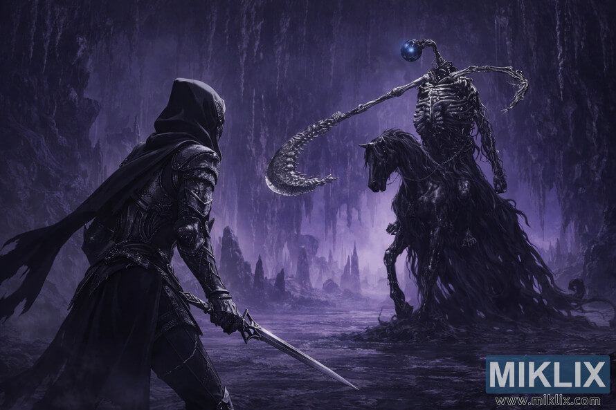 Musta Noa soomusrÃ¼Ã¼sse tuhmunud, seistes vahetult enne lahingut lillas koopas mÃ¤daneva rÃ¼Ã¼tli ees.