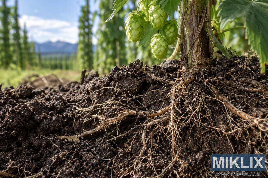 Close-up of dark New Zealand soil and an exposed hop root system beneath a mature hop plant, with green hop cones, blurred field rows, and distant mountains in the background. Close-up of dark New Zealand soil and an exposed hop root system beneath a mature hop plant, with green hop cones, blurred field rows, and distant mountains in the background.