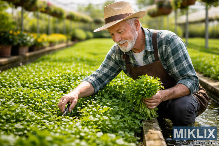 An elderly gardener in a straw hat harvesting healthy watercress beside a shallow water channel inside a bright greenhouse.