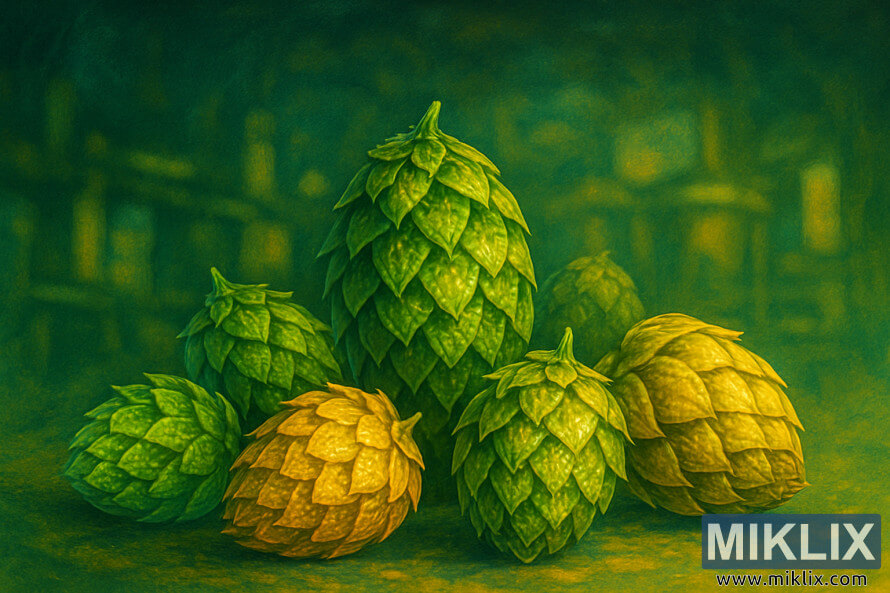 DetailnÃ¡ ilustrÃ¡cia chmeÄ¾ovÃ½ch Å¡iÅ¡tiÄiek v zelenÃ½ch a zlatÃ½ch odtieÅoch.