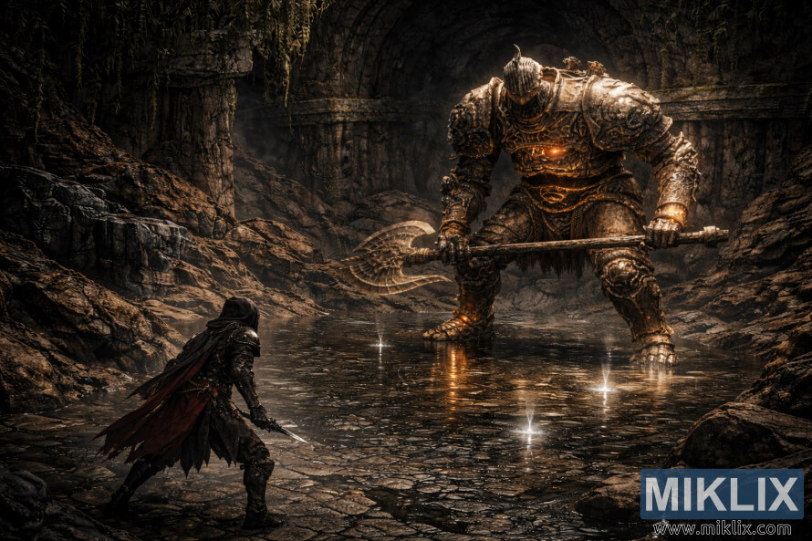 High angle isometric fantasy scene of a lone armored warrior facing a gigantic glowing stone golem inside a vast underground cavern with shallow water reflections.