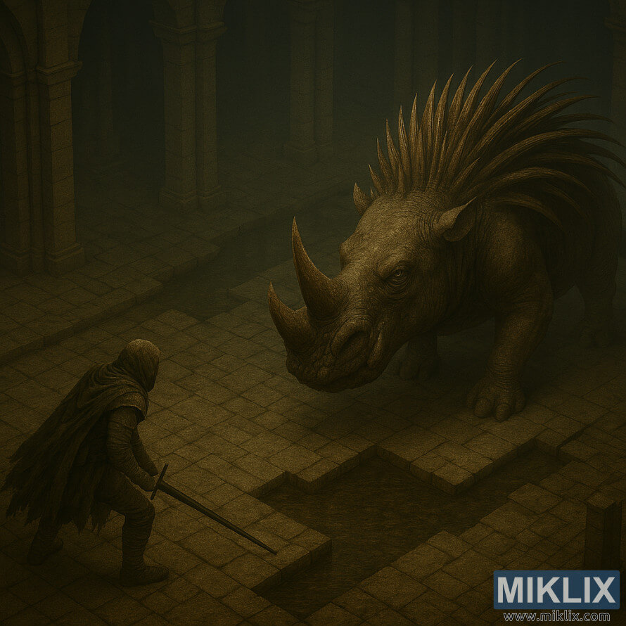 Realistic isometric fantasy art of the Tarnished in Black Knife armor facing a massive horned beast with spiked back in Elden Ring: Shadow of the Erdtree