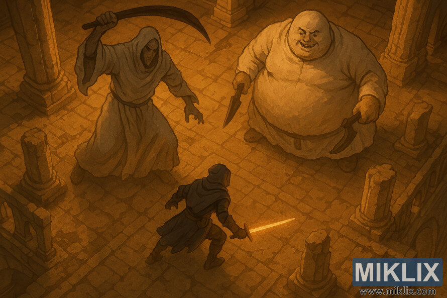 A hooded warrior in Black Knife armor faces the towering Godskin Duo in a golden-lit ruined temple, as the tall Apostle swings his curved blade and the massive Noble flanks with twin daggers.