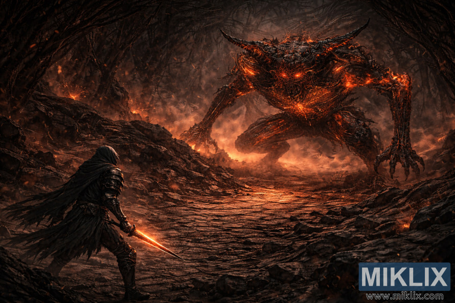 Isometrisk mÃ¸rk fantasy-scene af en hÃ¦tteklÃ¦dt, pansret kriger, der stÃ¥r over for en kolossal, smeltet dÃ¦mon inde i en brÃ¦ndende hule.