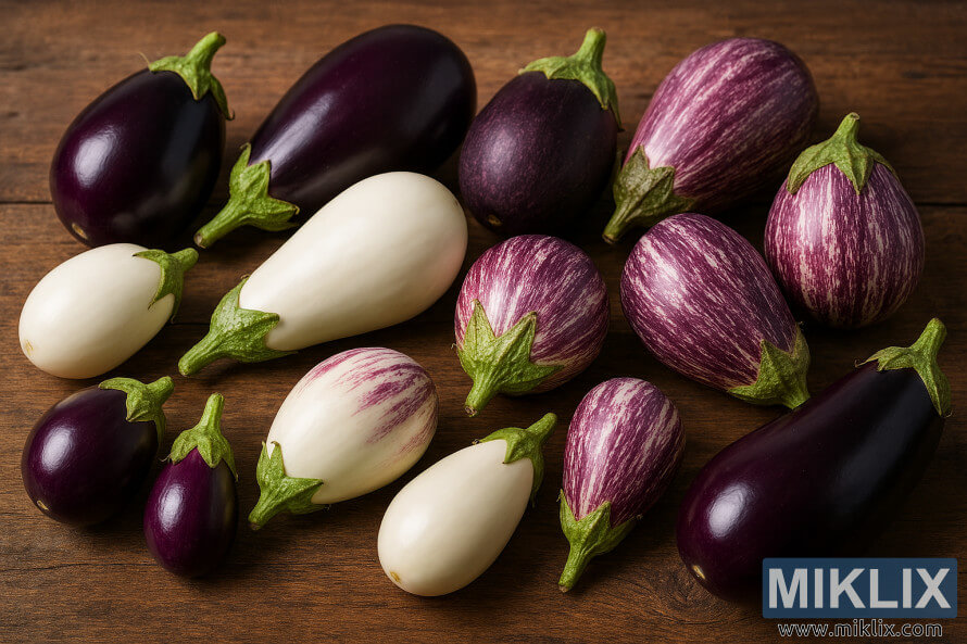 Eggplants iri-iri masu launin shunayya, fari, da kuma masu ratsi-ratsi da aka shirya a kan saman katako