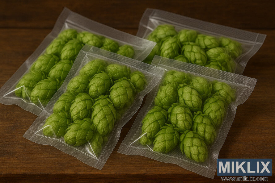 Quatro sacos selados a vÃ¡cuo de cones de lÃºpulo verde fresco em uma superfÃ­cie de madeira rÃºstica.