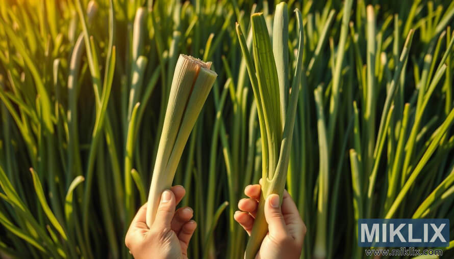 Izandla ezibambe i-leek entsha eluhlaza enokukhanya kwelanga okusagolide esakaza izithunzi endaweni eluhlaza okotshani ngemuva.