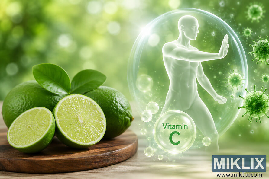 Landscape illustration showing fresh green limes rich in vitamin C beside a glowing human figure protected by a transparent energy shield, symbolizing immune system support and healthy cells in a clean scientific wellness concept without any brands.