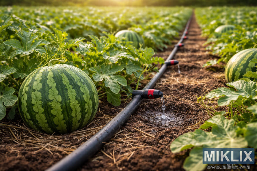 Drip irrigation line watering watermelon plants in a cultivated garden bed with ripe melons and green vines. Drip irrigation line watering watermelon plants in a cultivated garden bed with ripe melons and green vines.