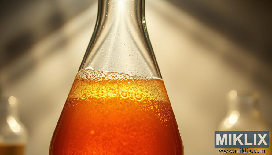 Gros plan d'un flacon contenant un liquide de fermentation dorÃ© et pÃ©tillant dans un environnement de laboratoire chaud et rÃ©troÃ©clairÃ©.