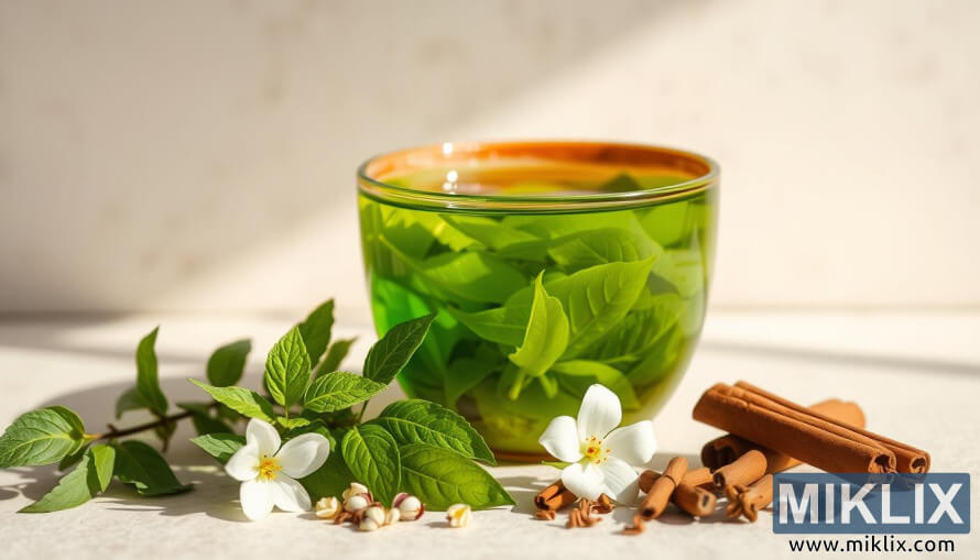 Gufandi bolli af grÃ¦nu tei meÃ° jurtum og kryddi Ã¡ lÃ¡gmarksdÃ¶kkum, mjÃºkum bakgrunni.