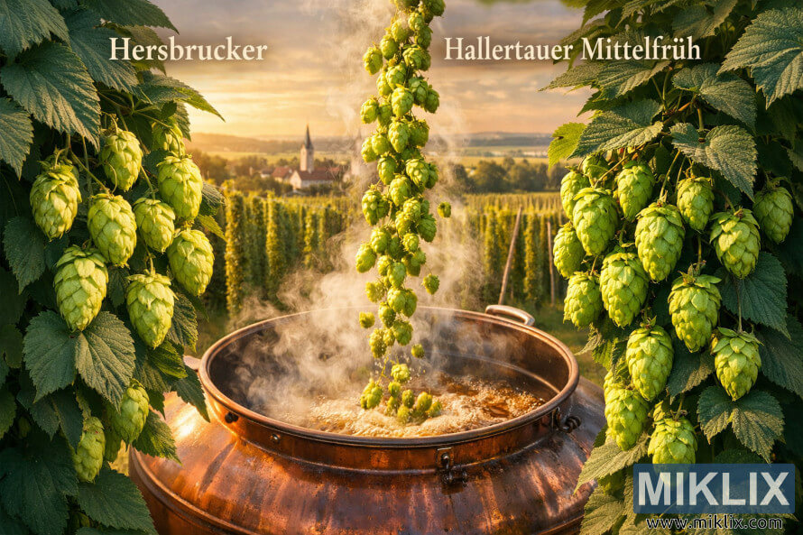 Side-by-side view of Hersbrucker and Hallertauer Mittelfrüh hops cascading into a steaming copper brewing kettle on a German hop farm at golden hour. Side-by-side view of Hersbrucker and Hallertauer Mittelfrüh hops cascading into a steaming copper brewing kettle on a German hop farm at golden hour.
