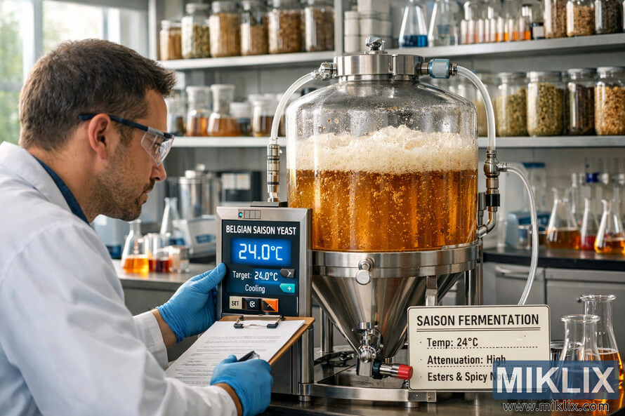 Scientist monitoring Belgian Saison yeast fermentation temperature in a bright laboratory with stainless steel fermenter and brewing ingredients. Scientist monitoring Belgian Saison yeast fermentation temperature in a bright laboratory with stainless steel fermenter and brewing ingredients.