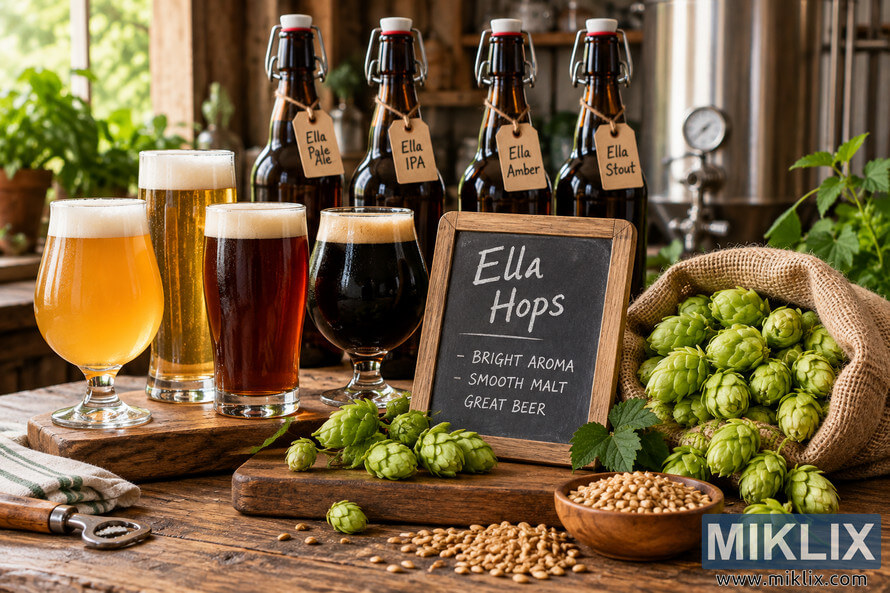 Rustic homebrew scene with four glasses of golden, amber and dark beer, unbranded swing-top bottles, fresh green Ella hops, malted grain and brewing equipment on a wooden table.