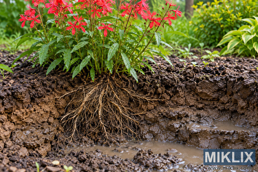 Cutaway view of a red-flowering garden plant with exposed roots in compacted, waterlogged clay soil and muddy standing water.