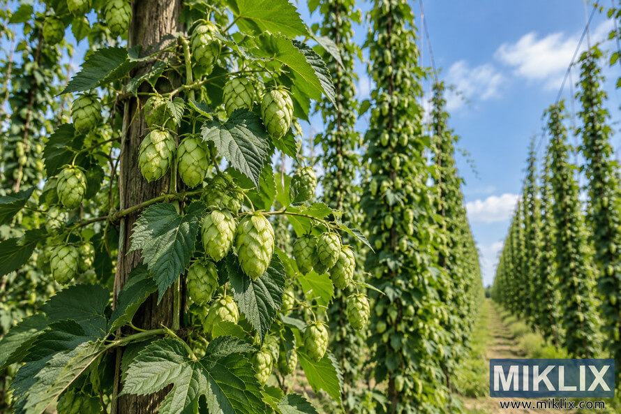 Close-up landscape photograph of a vigorous hop plant climbing a wooden trellis post, with abundant green leaves and clusters of developing hop cones, surrounded by long rows of trellised hop plants beneath a bright blue summer sky. Close-up landscape photograph of a vigorous hop plant climbing a wooden trellis post, with abundant green leaves and clusters of developing hop cones, surrounded by long rows of trellised hop plants beneath a bright blue summer sky.