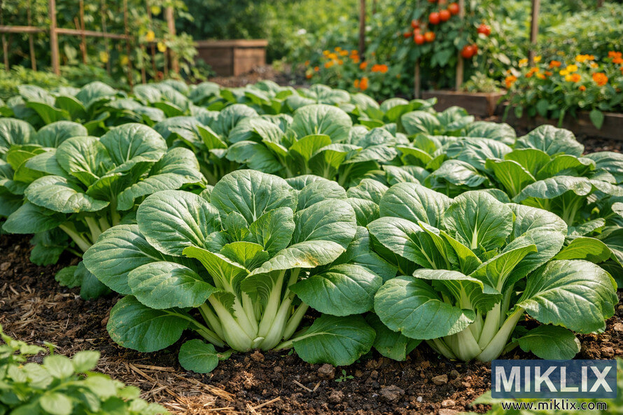 A lush home garden filled with vibrant bok choy plants growing in rich soil under sunlight, surrounded by trellises, tomatoes, and flowers. A lush home garden filled with vibrant bok choy plants growing in rich soil under sunlight, surrounded by trellises, tomatoes, and flowers.