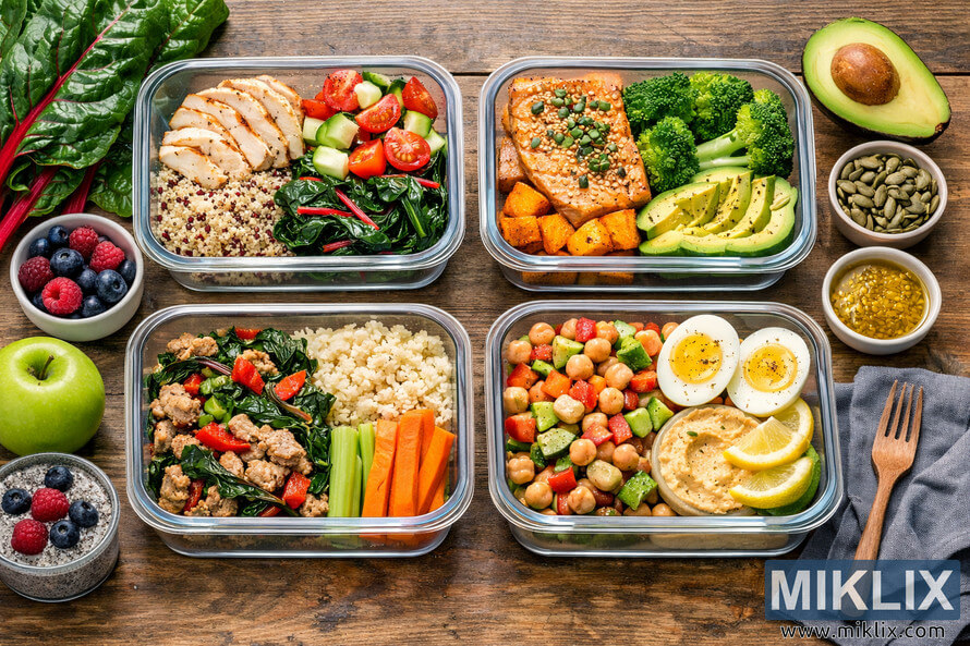 Overhead view of four transparent meal prep containers filled with healthy foods including Swiss chard, grilled chicken, salmon, quinoa, chickpeas, and colorful vegetables on a rustic wooden table.