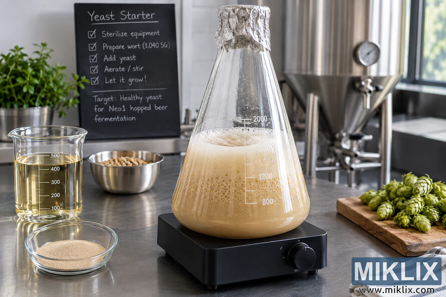 Photorealistic brewing workspace with a foaming yeast starter in an Erlenmeyer flask on a magnetic stir plate, surrounded by brewing yeast, wort, malted grain, fresh green hops, and stainless-steel fermentation equipment.