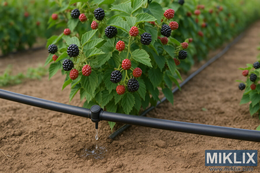 Gros plan sur un systÃ¨me d'irrigation goutte Ã  goutte arrosant des rangÃ©es de plants de mÃ»res portant des baies mÃ»res et non mÃ»res dans un champ cultivÃ©.