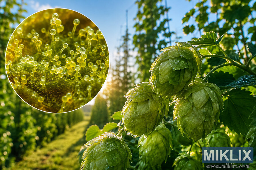 Close-up landscape image of fresh Lubelska hop cones covered in dewdrops with glowing yellow-green lupulin glands in sharp focus, set against a softly blurred hop field under a blue sky and warm natural sunlight. Close-up landscape image of fresh Lubelska hop cones covered in dewdrops with glowing yellow-green lupulin glands in sharp focus, set against a softly blurred hop field under a blue sky and warm natural sunlight.