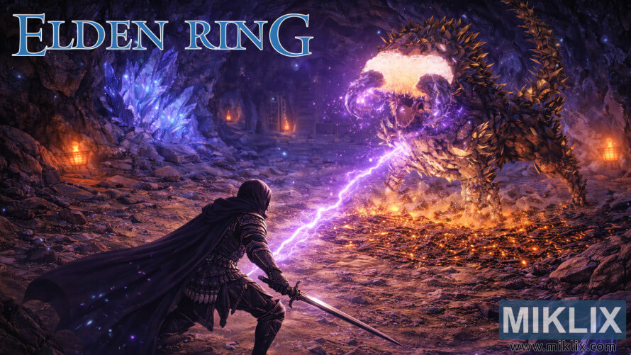 Elden Ring fan art of a Black Knife warrior casting purple lightning at the Fallingstar Beast in Sellia Crystal Tunnel Elden Ring fan art of a Black Knife warrior casting purple lightning at the Fallingstar Beast in Sellia Crystal Tunnel