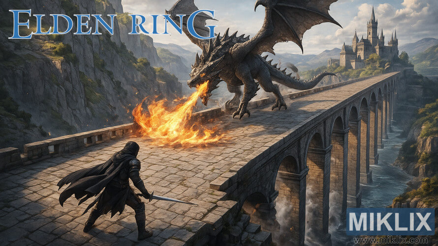 A fan-art scene of a Tarnished warrior in Black Knife armor facing Flying Dragon Greyll on the Farum Greatbridge in Elden Ring.