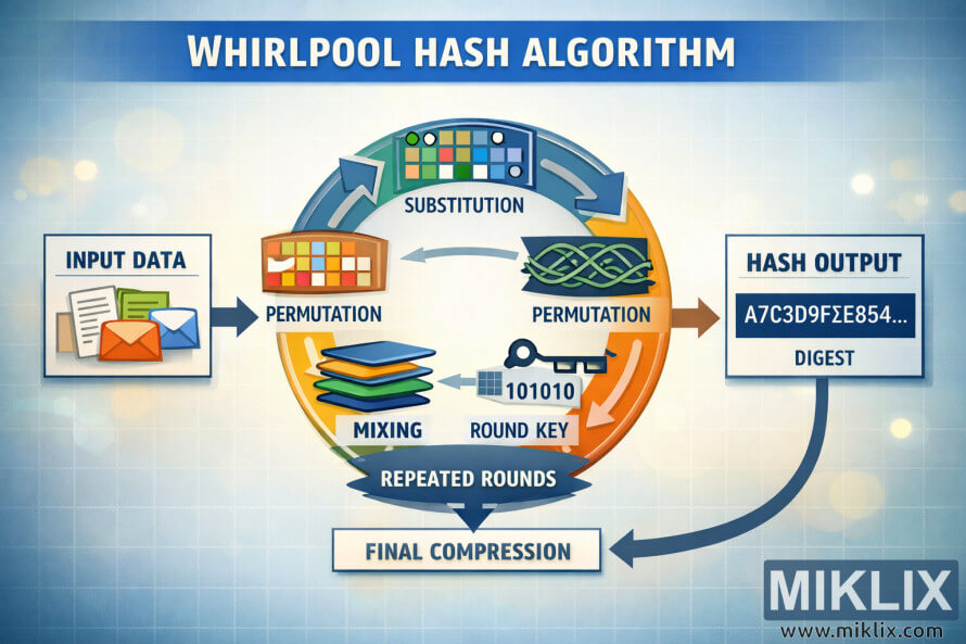 Diagramme de type infographie illustrant le flux conceptuel de l'algorithme de hachage Whirlpool, depuis les données d'entrée jusqu'à la sortie de hachage finale, en passant par la substitution, la permutation, le mélange et les tours répétés.